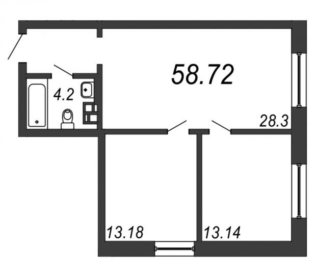 Двухкомнатная квартира 58.72 м²
