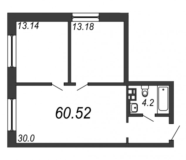 Двухкомнатная квартира 58.72 м²