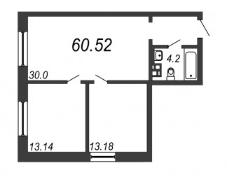 Двухкомнатная квартира 60.52 м²