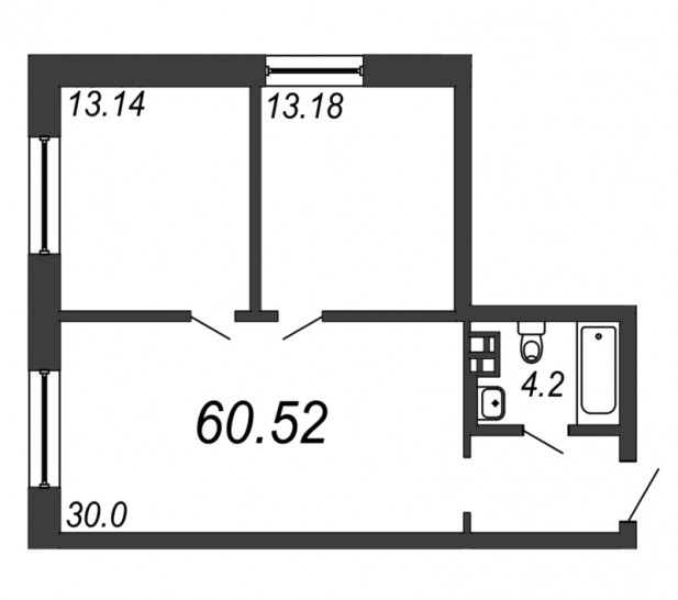 Двухкомнатная квартира 60.52 м²